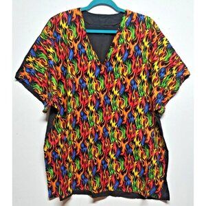 FLAMES FIRE PRINT Scrub Top short sleeve 2X/3X black orange blue vibrant pullove